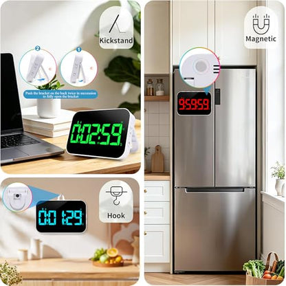 Pomodoro Timer Fitness Timer, Kitchen LED Digital Timer Rechargeable, RGB Count Down Up, Digital Timer with Vioce Reminder for Kitchen Classroom Cooking Study
