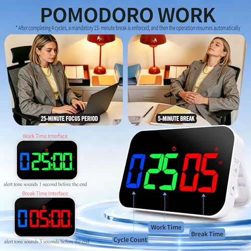 Pomodoro Timer Fitness Timer, Kitchen LED Digital Timer Rechargeable, RGB Count Down Up, Digital Timer with Vioce Reminder for Kitchen Classroom Cooking Study
