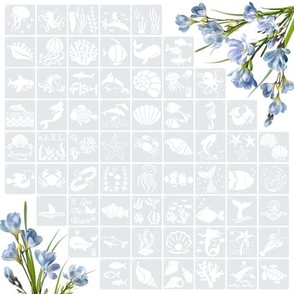 Amrules 65 Pcs Painting Stencils, Ocean Theme, 4 x 4 Inch | Plastic, Drawing Templates Set for Crafts, Reusable DIY Art Stencil, For Wood, Walls, Cards, Fabrics, Rocks, Home Decoration - style: Ocean