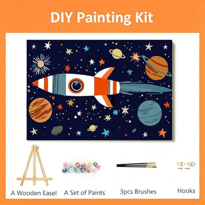 Gemozaic Outer Space Paint by Numbers Kit for Kids with Frame and Easel | Cartoon Rocket Paint by Number for Kids Age 8-12, Easy DIY Acrylic Numbers Painting for Boys 10 Years Old, 12 x 8 Inch - color: BKH3434
