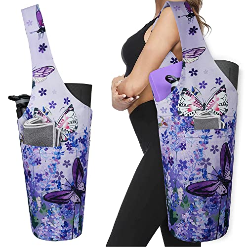 Yoga Mat Bag - Long Tote with Pockets - Holds More Yoga Accessories - Yoga Bag Fit Most Size Mats - Yoga Mat Carrier - color: Butterfly