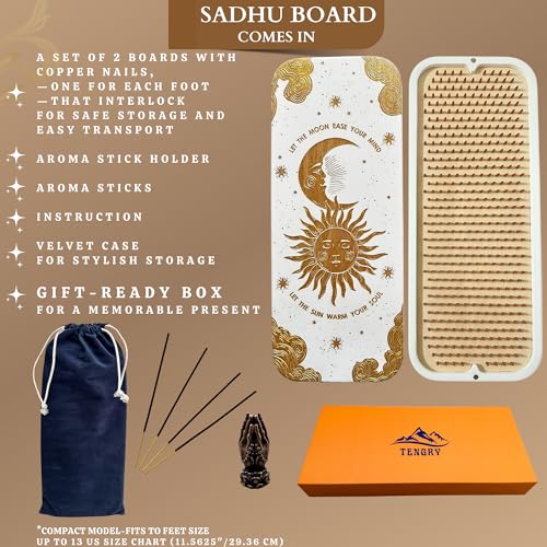 TENGRY Sadhu Board, Specially Crafted Aluminum & Copper Nails, Light Nail Board, 0.31 IN (8 mm), Beginners, Hexagon, Slim Sadhu Wood Board for Standing on Nails, Acupuncture Foot Massage, Yoga Gift - color: Sun and Moon White Copper Nails