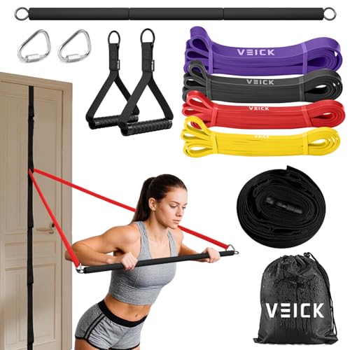 VEICK Pull Up Assist Resistance Bands for Home Gym | 100% Natural Latex, Non Slip Leather Texture, Space Saving, Full Body Training for Men Women - color: Colorful Set of 4 + Pilates Bar