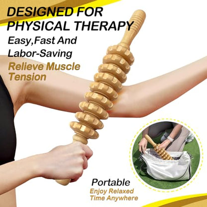 Manual Massager Wooden Handheld Roller Trigger Point Massager Stick for Fascia, Cellulite, Muscle & Abdomen, Body Therapy Massager, Muscle Belly Relief Tool, Natural Wood | Body Sculpting, 9-Wheel Massager for Legs and Thighs, Wooden Massage Tools for Tri