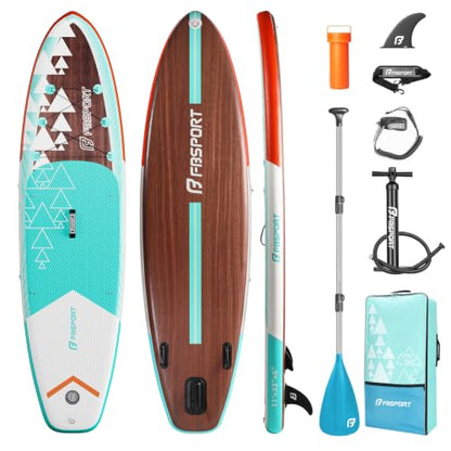 FBSPORT 11' Premium Stand Up Paddle Board, Yoga Board with SUP Accessories & Carry Bag | Wide Stance, Surf Control, Non-Slip Deck, Leash, Paddle and Pump for Youth & Adult - color: Brown Teal