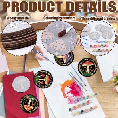 Reallnaive 8 Pcs Mushroom Paint by Numbers Kit for Adults Wooden Coasters | Mini Paint by Numbers, Tiny Black Round Oil Painting Drink Coaster with Holder, for Small DIY Craft Birthday Gift - style: Mushroom
