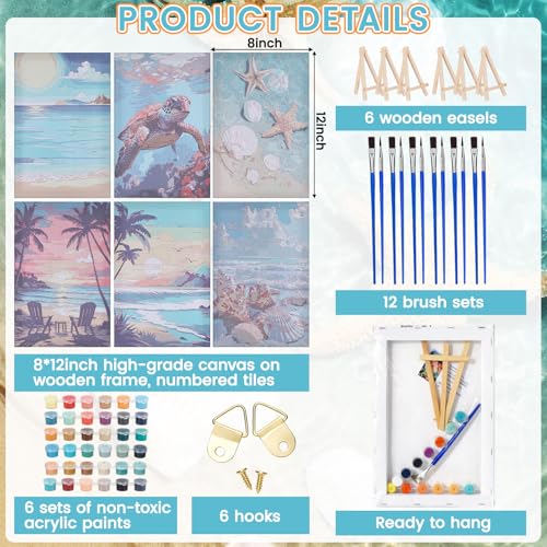 Honoson 6 Pack Beach Paint by Number Kits for Adults 8x12 Inch DIY Shell Turtle Beach Sea Ocean Paint by Number on Canvas with Frame Easel Acrylic Paints Brush for Beginners Home Wall Decor - style: Summer Beach