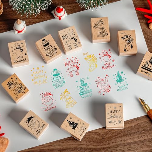 Wooden Rubber Stamp Set, Wood Stamps for Journal, Diary, Scrapbook, Planner, Letter, DIY Craft, Card Making (Chrismas) - color: Chrismas
