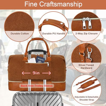 ITIEZY Weekender Bag for Women 21.5" Travel Duffel Large Carry On Bag 3PCS | Nylon Duffel Bag with Waterproof Shoe Compartment, Crossbody Bag and Toiletry Bag, Travel Weekend Hospital Overnight Gym Bag - color: 8a-Brown