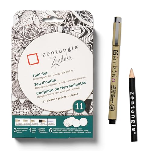 SAKURA #50113 Zentangle 11 Pc Set w/Zendala Round WhiteTiles (4-5/8"" in Diameter), white | All-in-One Kit for Drawing, Relaxing, Meditative Patterns, Includes Gelly Roll and Micron Pens, White Pencil and Black Tiles - size: 1 Count (Pack of 11)