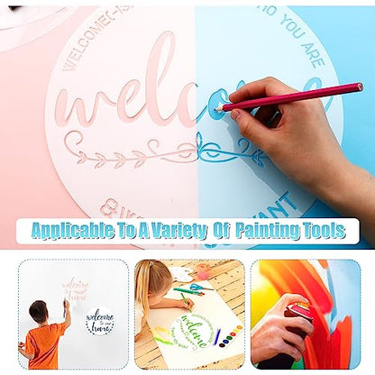 Kigley 16 Pcs Welcome Stencils for Painting on Wood 12" Large Round Letters Door mat Stencils Templates Farmhouse Paint Stencil for Wood Door Hanger Sign Reusable(Welcome)