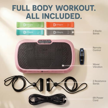 Lifepro Waver Vibration Plate Exercise Machine with 99 Speeds & 10 Presets | Resistance Bands, Non-Slip Surface, 330 lbs Capacity — Vibration Plate for Lymphatic Drainage, Body Toning, Full-Body Workout - color: Pink