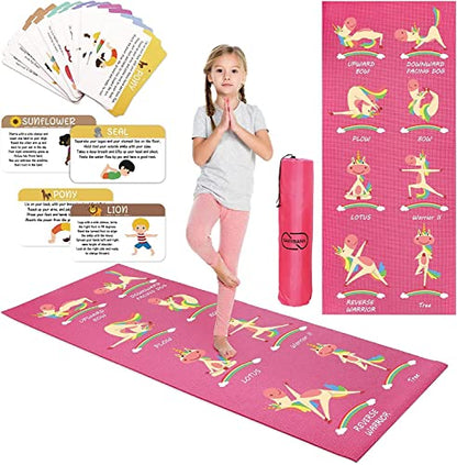Garybank Kids Yoga Mat Set - Non-slip Exercise Mats with Fun Prints - 12 Yoga Cards - Carrier Bag - Odor Free Non-Toxic, Cute Yoga Mat for Girls & Boys (60 X 24 X 0.2 Inch)