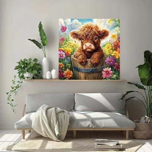 Highland Cow Diamond Art Kits for Adults, 5D Diamond Painting Kits Flower,DIY Full Round Drill Diamond Dots Paintings With Diamonds Gem Art for adults Crafts Kits Home Decor 13.78 x 13.78inch - color: DZ883