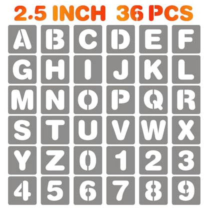 BAMIDELE 2.5 Inch Letter and Number Stencils, 36 Pcs Reusable Plastic Alphabet Spray Paint Stencils for Painting on Wood, Wall, Fabric, Rock, Chalkboard, Door Porch, Signage, DIY Craft Decoration - size: 2.5 Inch