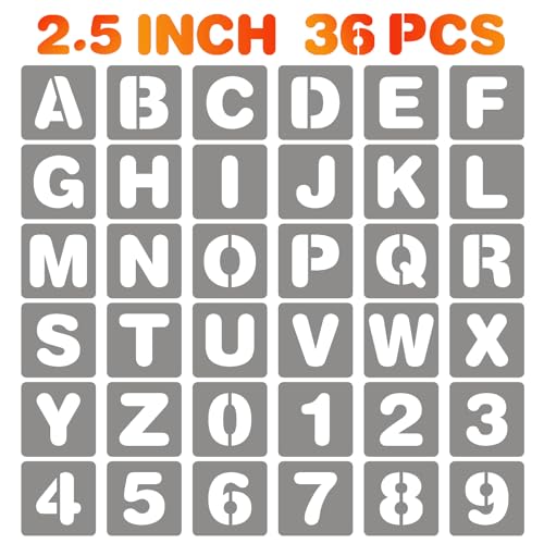 BAMIDELE 2.5 Inch Letter and Number Stencils, 36 Pcs Reusable Plastic Alphabet Spray Paint Stencils for Painting on Wood, Wall, Fabric, Rock, Chalkboard, Door Porch, Signage, DIY Craft Decoration - size: 2.5 Inch