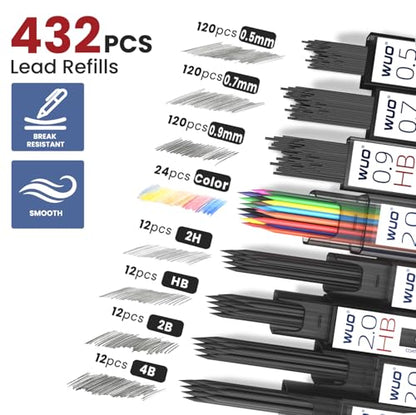 WUO Mechanical Pencil Set, 5 Pack Drafting Pencils 0.5/0.7/0.9/2.0/2.0mm | Mechanical drawing pencils, 432 lead refills, erasers/sharpeners for drafting, technical drawing, sketching, writing & art - color: Silver, size: 0.5/0.7/0.9/2.0