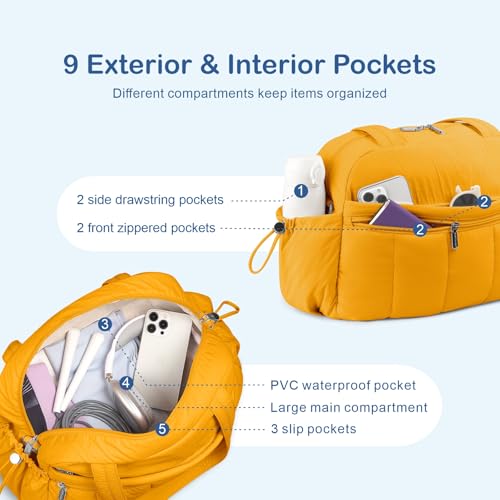 TOPDesign Travel Duffel Bag for Women, Puffer Gym Bag Sports Tote with Wet Pocket, Carry On Weekender with Luggage Sleeve (Golden Yellow) - color: Golden Yellow