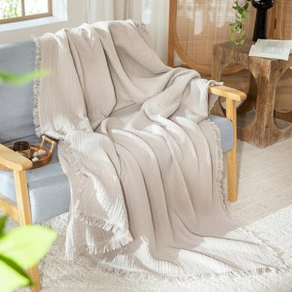 MooMee 100% Cotton Muslin Blanket Fringed 4-Layer Gauze Bed Throw, Queen - color: Cream Grey, size: Queen