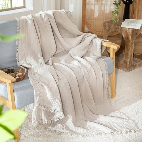 MooMee 100% Cotton Muslin Blanket, Fringed 4-Layer Gauze Bed Couch Throw - color: Cream Grey, size: Twin XL