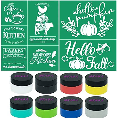 DGAGA Silk Screen Stencil Chalk Paste Paint Kit, 8 Bottles Screen Printing Ink Set Stencils for Painting on Wood, DIY Home Decor, Canvas, Glass, Chalkboard Crafts, Art Supplies