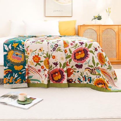 Flower and Bird Boho Throw Blanket for Bed Couch 90"×98" - color: Boho Flower-c, size: 90"x98"