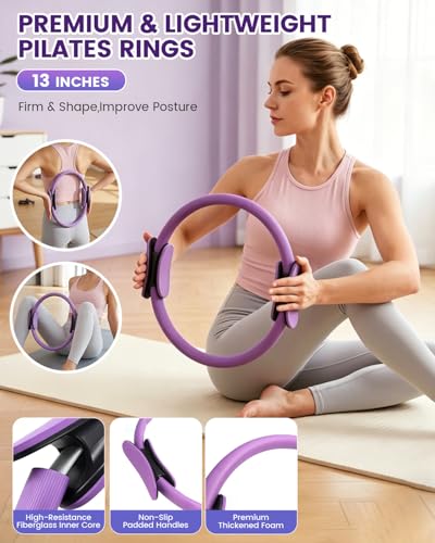 Pilates Kit, 24 in 1Home Pilates Workout Kit for Women, Pilates Equipment with 13" Pilates Ring and Ball, Starter Home Workouts - color: Purple