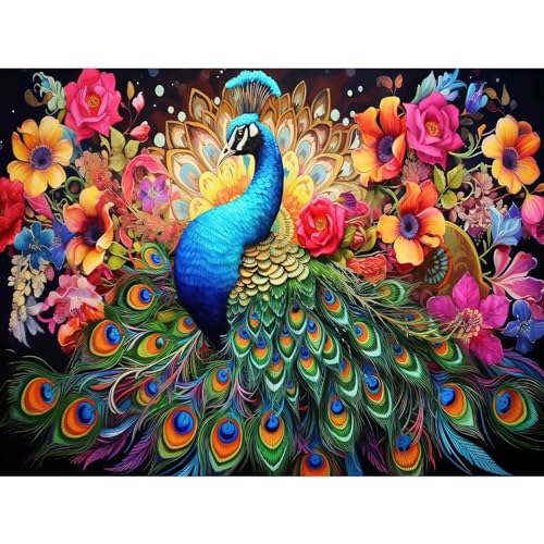 PRASIO Peacock Diamond Art Kits for Adults Beginners, Peacock Diamond Painting Kits for Adults, DIY 5D Round Full Drill Diamond Dots Gem Art for Adults for Gift Home Decor 12x16 inch - color: XM-DP-PeacockFlower-4030