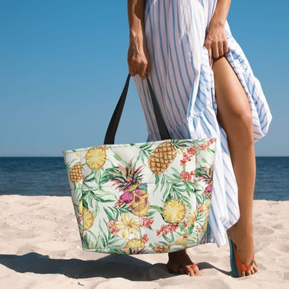 Large Beach Bag for Women Waterproof Foldable Travel Shoulder Tote Bag with Pocket for Weekender Pool Vacation - color: Pineapple Beige