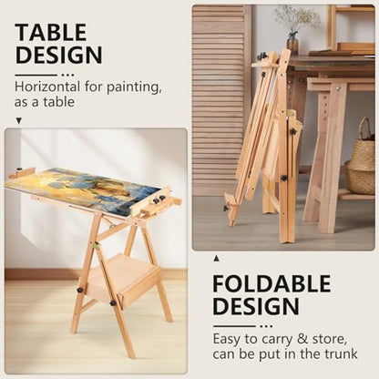 YOKUGO Beech Wood H-Frame Painting Easel with Storage Drawer, Natural | Heavy-duty Studio Easel, Adjustable Height & Angle Floor Easel Stand, Holds 30"-50" Canvas, Foldable Artist Easel for Adults - color: Natural