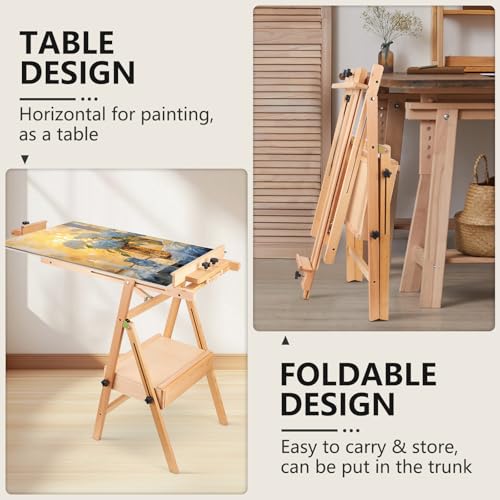 YOKUGO Beech Wood H-Frame Painting Easel with Storage Drawer, Natural | Heavy-duty Studio Easel, Adjustable Height & Angle Floor Easel Stand, Holds 30"-48" Canvas, Foldable Artist Easel for Adults - color: Natural