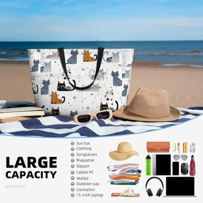Large Beach Bag for Women Waterproof Foldable Travel Shoulder Tote Bag with Pocket for Weekender Pool Vacation - color: Cat White