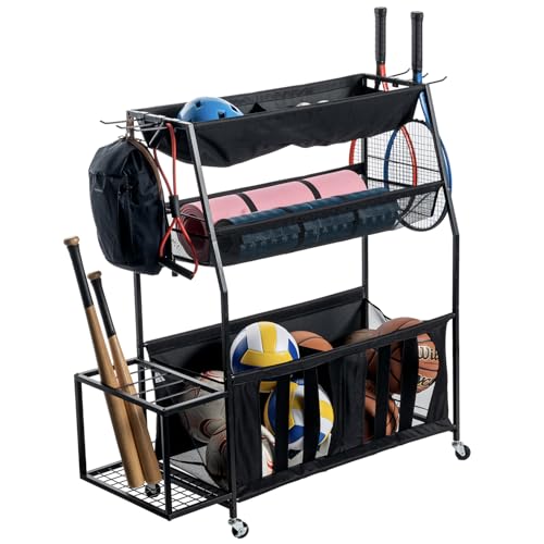 MyGift 3 Tier Sports Equipment Organizer Rolling Ball Storage Rack w/Hooks