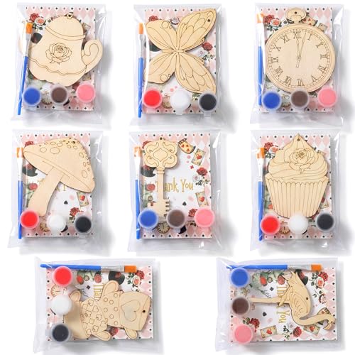 Saypacck 24 Pcs Wonderland Party Favors Wooden Paint Craft Kits | 8 Unicorn Butterfly Designs, Paint Colors Included, Goodie Bags Fillers Wonderland Decorations Fairy Wands Theme Crafts - style: Wonderland