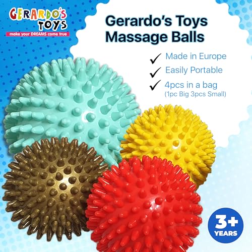GERARDO'S Spiky Massage Ball Set: Includes 1 Large 10 cm + 3 Small 7 cm Balls - for Deep Tissue Back, Foot, Leg, Hand Muscle Massages - Self Therapy Use Specific - Transport/Store in Linen Bag