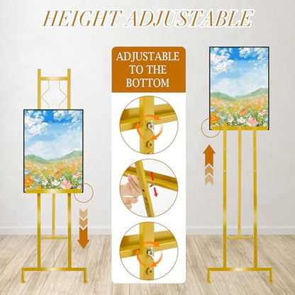 Zonon 2 PCS 57" H Frame Gold Easel Stand for Wedding Signs, Posters, Portable Artist Easel for Painting Canvas, Metal Display Holder for Home and Office Large Adjustable 4 Tier Floor