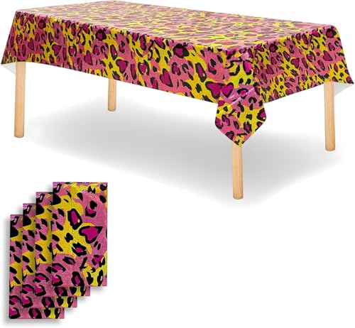 OQOQ Leopard Print Party Decorations Tablecloth (Pink and Gold, 4 Packs), 54x108inches Shimmer Shining Table Cloth Plastic Disposable Table Cover for Girl Sparkly Paint Splatter Cheetah Birthday Party