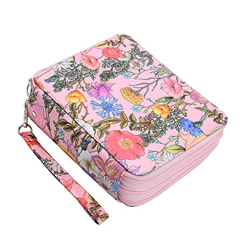 72 Slots Pencil Case Organizer w/Removal Handle Strap | 3-Layer Zipped Pencils Box Large for Colored Pencils Watercolor Pencils for Office and Travel for Artist - color: Pink+Flower