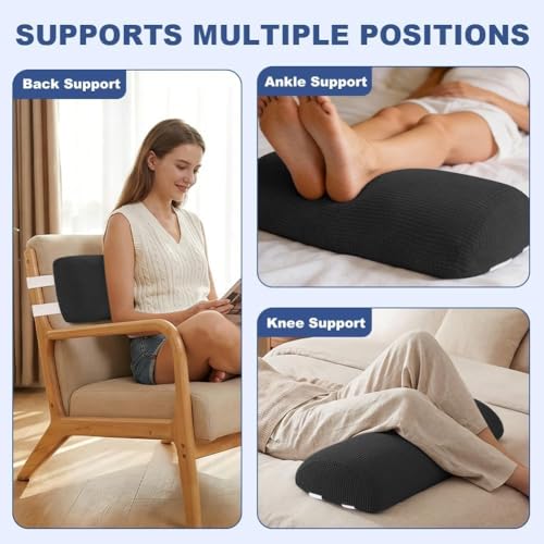 Half Moon Bolster Pillow with Straps, Knee Pillow for Back Sleeping, Under Knee Pillow for Sleeping, Relieves Pain in Legs and Knees, Machine Washable Cover, 24" X 10" X 4", Black - color: Black