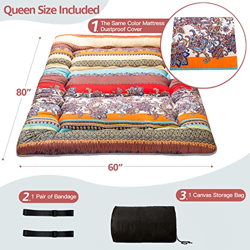 MAXYOYO Japanese Floor Mattress 4" Thick Queen Size Foldable Futon Mattress | Sleeping Pad Foldable Roll Up Mat Boys Girls Dormitory Pad Kids Floor Lounger, Bohemian E - color: Bohemian E, size: Queen