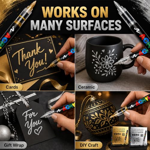 12 Silver Paint Pen, Brush Tip Acrylic Paint Markers | for Rock Painting, Wood, Glass, Ceramic, Canvas, Fabric, Stone, Decoration, DIY Crafts Kit Making, Art Supplies - color: 12 Silver