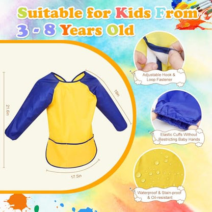 Kids Art Smocks 2 Pack, Toddler Smock Waterproof Artist Painting Aprons Long with Long Sleeve & 3 Pockets for Age 3-8