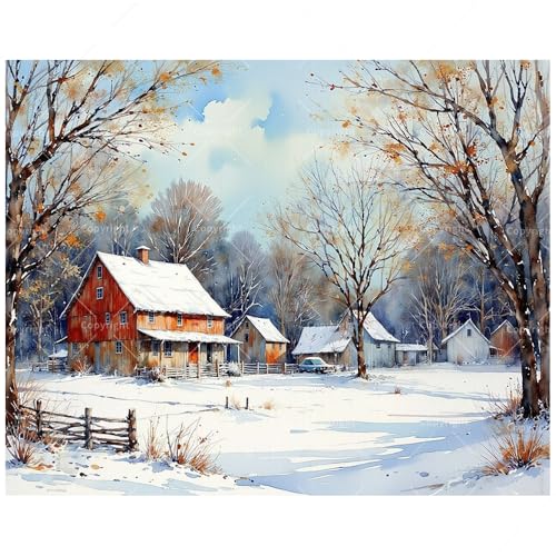 Country Winter Paint by Numbers Kit for Adults - DIY Snowy Red Barn and Rural Houses Painting on Canvas 16x20 Inches, Acrylic Paint Set, Suitable for Beginners, Art for Home Decoration or Gifts - color: HSX00410, size: 16X20IN Folded