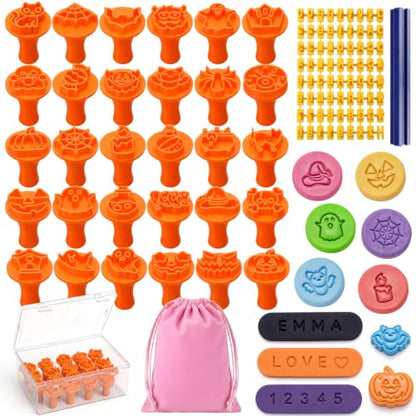 30 Pcs Halloween Pattern Clay Modeling Stamp Set with 72-Character Letter Stamps and Storage Box, Halloween Pattern Stamps for Polymer/Ceramic Clay, Pottery Craft, Cookie and Jewelry Making - style: Halloween