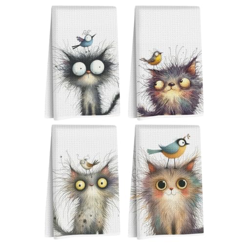 4 Pcs Funny Bird Cat Kitchen Towels, Cute Cats Gifts Reusable Hand Towels02 - color: Multi 1621