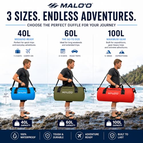 Malo’o Waterproof Dry Duffel, Heavy-Duty Roll Top Waterproof Gear Bag with Shoulder Strap & Molle Loops, Marine Duffel for Kayaking, Boating, Camping, Beach & Travel, Grey, 40L - color: Grey, size: 40L