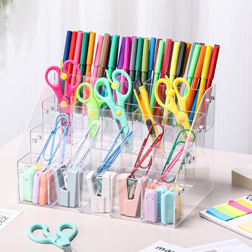 Cinnvoice Acrylic Pen Organizer 4 Tier 20 Compartments Clear Vertical Marker & Pencil Holder Large Desk Stationery & Art Supply Storage for Desk, Office, School, Easy Assembly, 10.4 x 7.1 x 7.5 Inch