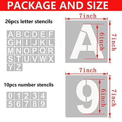 YEAJON 36 Pcs Letter Stencils and Numbers, Alphabet Craft Stencils, Reusable Plastic Stencils for Painting on Wood, Wall, Fabric, Rock, Chalkboard, Signage, DIY School Art Projects (7 Inch) - size: 7 Inch
