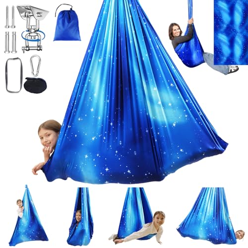 Sensory Swing for Kids Indoor & Outdoor Double Layer Therapy Cuddle Hammock Chair with 360 Swivel Hanger Kit Adjustable Swing for Child and Adult with Aspergers Autism ADHD (Star Blue) - color: Blue