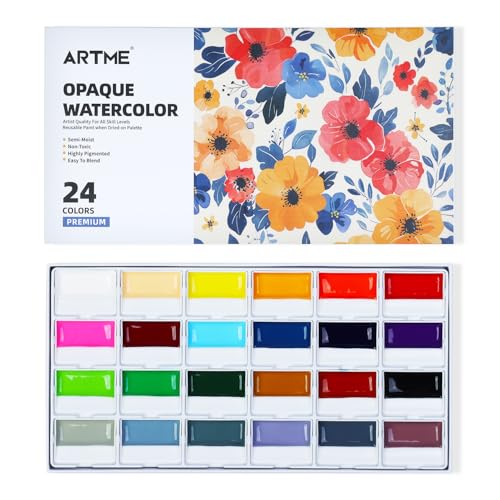 Artme Watercolor Paint Set, 24 Colors Professional Semi-Moist Watercolor Paint, Opaque Water Colors Painting Supplies for Artists & Beginners, Suitable for Illustration, Landscape & Sketching